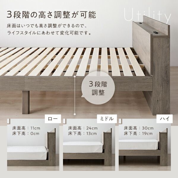 スーパSALE10倍＆4時間限定10％OFF 高さ調整ベッド ダブル 国産ポケットコイルマットレス付き ストーングレー 宮付き コンセント付き 組立品