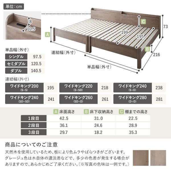 ベッド ワイドキング 260(SD+D) 2層ポケットコイルマットレス付 ナチュラル 連結 頑丈 耐荷重650kg すのこ 棚付き 宮付き 宮棚付き 2口 コンセント付き 高さ調整可 木製 天然木 パイン材 すのこベッド すのこベット 連結ベッド ワイドキングベッド ワイドキングベット