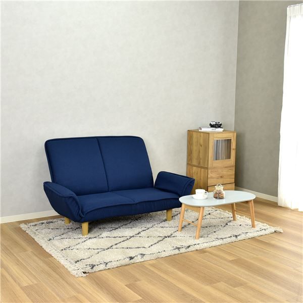 カウチソファ 幅130〜174cm カウチソファー 7段階リクライニング 肘付き 肘14段階ギア コンパクト ファブリック ブルー BU 組立品