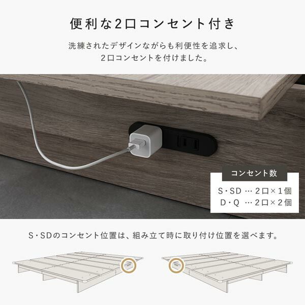 ステージベッド ステージタイプ クイーン 2層ポケットコイルマットレス付 ストーングレー フレーム幅180cm マットレス幅160cm コンセント 専用パッド付 通気性 頑丈 ローベッド すのこベッド ベッドフレーム フロアベッド 寝具 インテリア家具 寝室