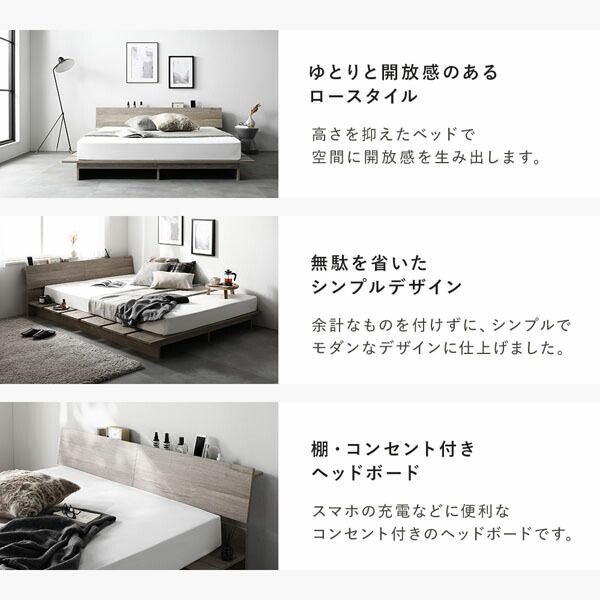 ステージベッド 棚付 ステージタイプ クイーン 国産ポケットコイルマットレス付 レギュラー ホワイト フレーム幅180cm マットレス幅160cm 宮付 コンセント 専用パッド 頑丈 通気性 ローベッド すのこベッド ベッドフレーム フロアベッド 寝具 ベッドルーム 寝室