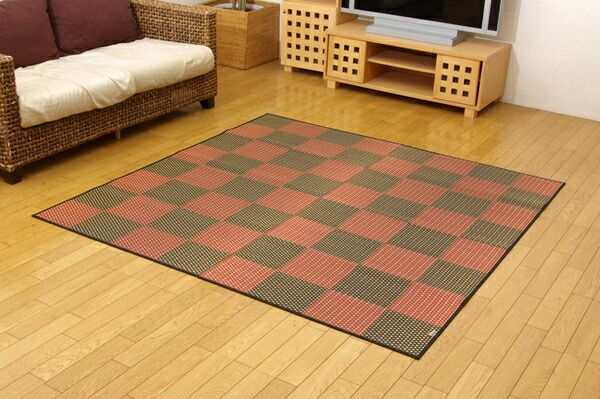 日本製 い草 花ござ/ラグマット 三重織 レッド 江戸間2畳 約174×174cm 抗菌 防臭 調湿 耐久性抜群 〔リビング〕代引NG