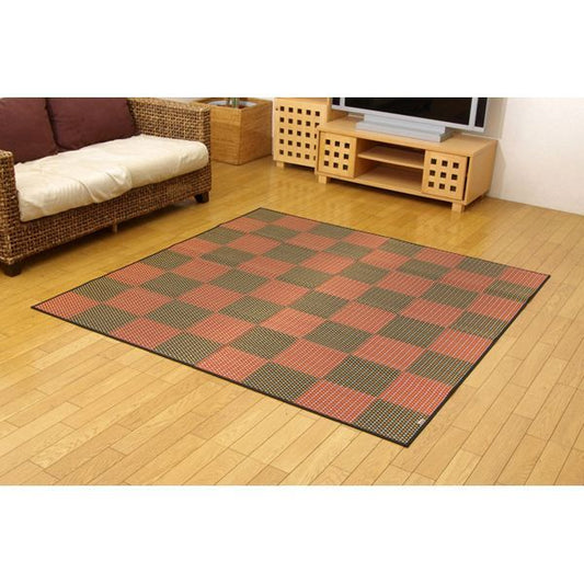 日本製 い草 花ござ/ラグマット 三重織 レッド 江戸間2畳 約174×174cm 抗菌 防臭 調湿 耐久性抜群 〔リビング〕代引NG