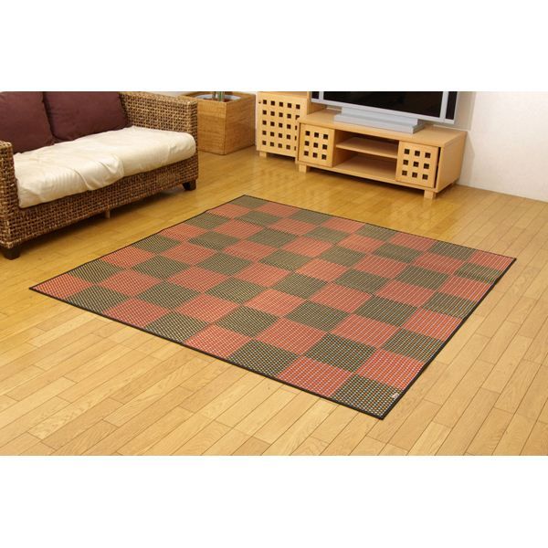 日本製 い草 花ござ/ラグマット 三重織 レッド 江戸間6畳 約261×352cm 抗菌 防臭 調湿 耐久性抜群 〔リビング〕代引NG