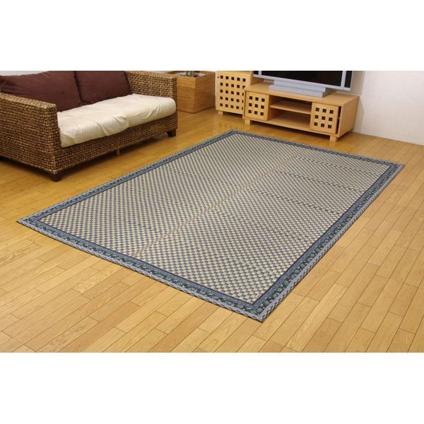 い草 花ござ/ラグマット 花柄ヘリ ブルー 江戸間6畳 約261×352cm 日本製 抗菌 防臭 調湿機能 消臭 耐久性 〔リビング〕代引NG