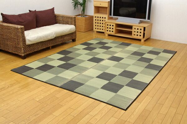 日本製 い草 ラグマット/絨毯 ブロック柄 ブラウン 約191×250cm 裏：ウレタン 調湿 抗菌 防臭 耐久性抜群 〔リビング〕代引NG