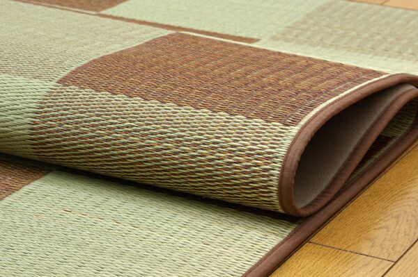 日本製 い草 ラグマット/絨毯 ブロック柄 グリーン 約191×250cm 裏：ウレタン 調湿 抗菌 防臭 耐久性抜群 〔リビング〕代引NG