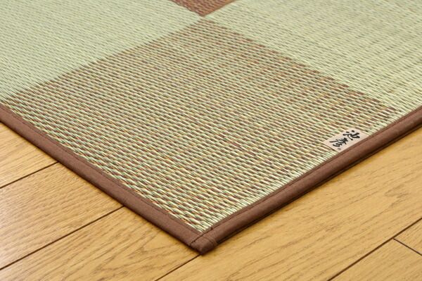 日本製 い草 ラグマット/絨毯 ブロック柄 グリーン 約191×250cm 裏：ウレタン 調湿 抗菌 防臭 耐久性抜群 〔リビング〕代引NG