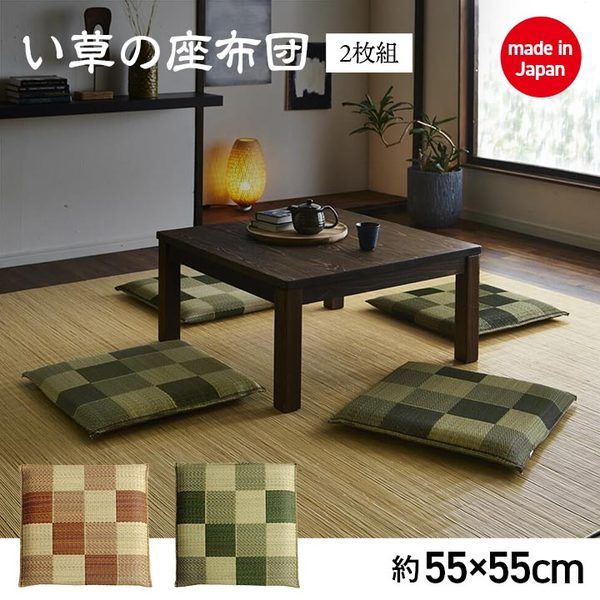 い草 座布団 織込千鳥 2枚組 ブラウン 約55×55cm×2P 抗菌 防臭 調湿 日本製 ブロック 〔リビング 来客 和室〕代引NG