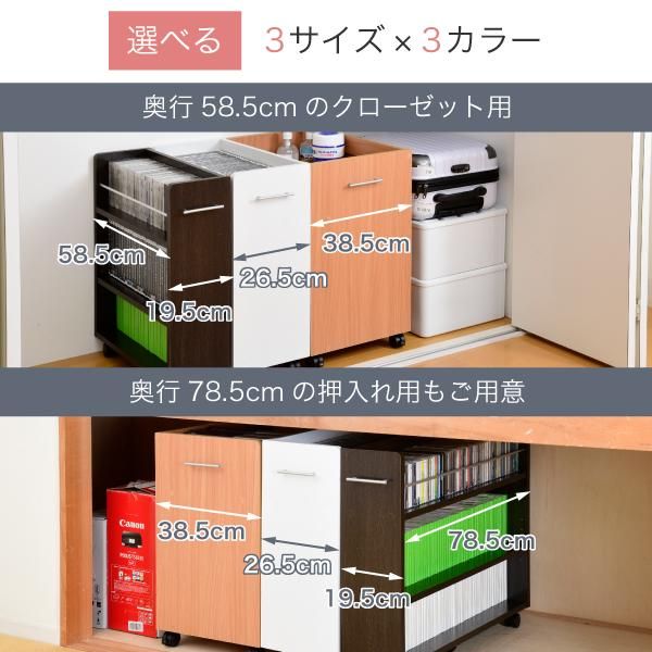 スーパSALE10倍＆4時間限定10％OFF ワイド ワゴン クローゼット 収納 ラック 2個セット 幅38.5 奥行58 .5 キャスター付き 大容量 日用品 生活用品 隙間 押入れ収納 棚 本棚 漫画 CD DVD スライド