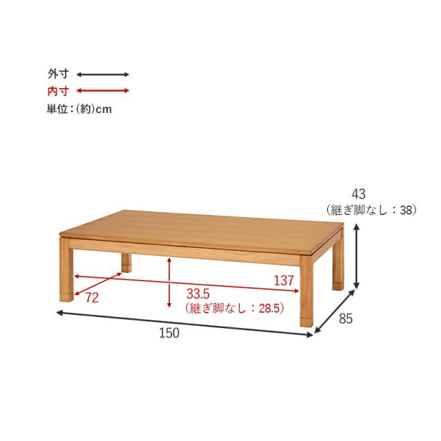 スーパSALE10倍＆4時間限定10％OFF セミオーダーこたつ ロータイプ 150x85cm高さ38(継脚時43)cm 長方形 　(こたつテーブル 単品 高さ調節 リビングこたつ ダイニングこたつ)