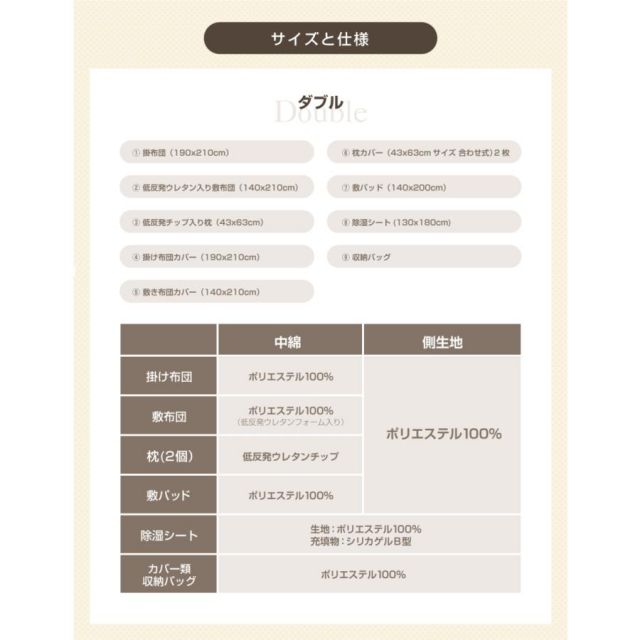 スーパSALE10倍＆4時間限定10％OFF ポイント10倍＆3%OFF  布団セット 日本製 ダブル 寝具11点セット（ボリューム掛布団 低反発チップ枕 低反発ウレタン３層敷布団 除湿シート 布団カバーセット 収納袋）